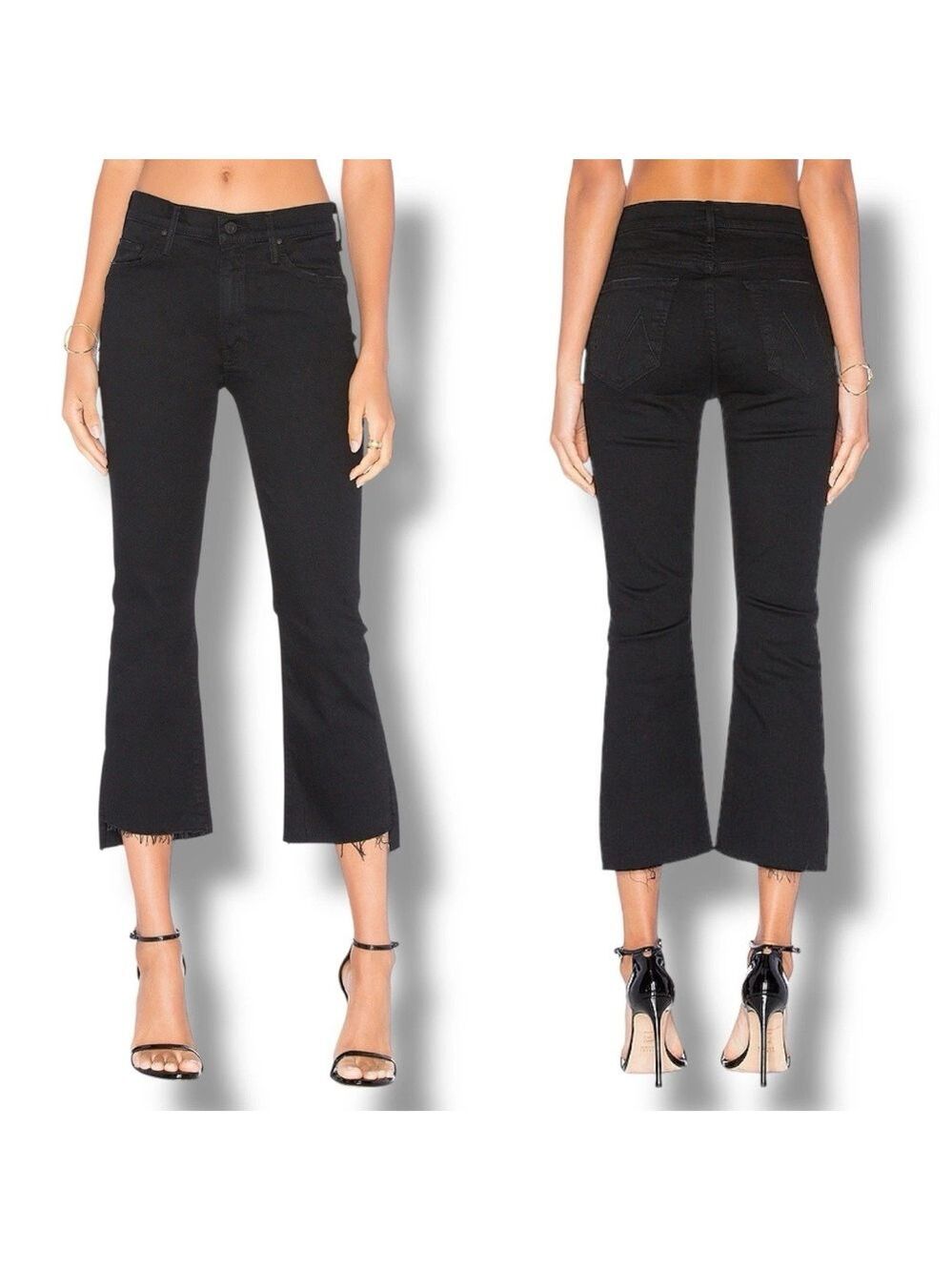MOTHER The Insider Crop Step Fray Jeans Not Guilty Black Raw Hem Bootcut Size 24